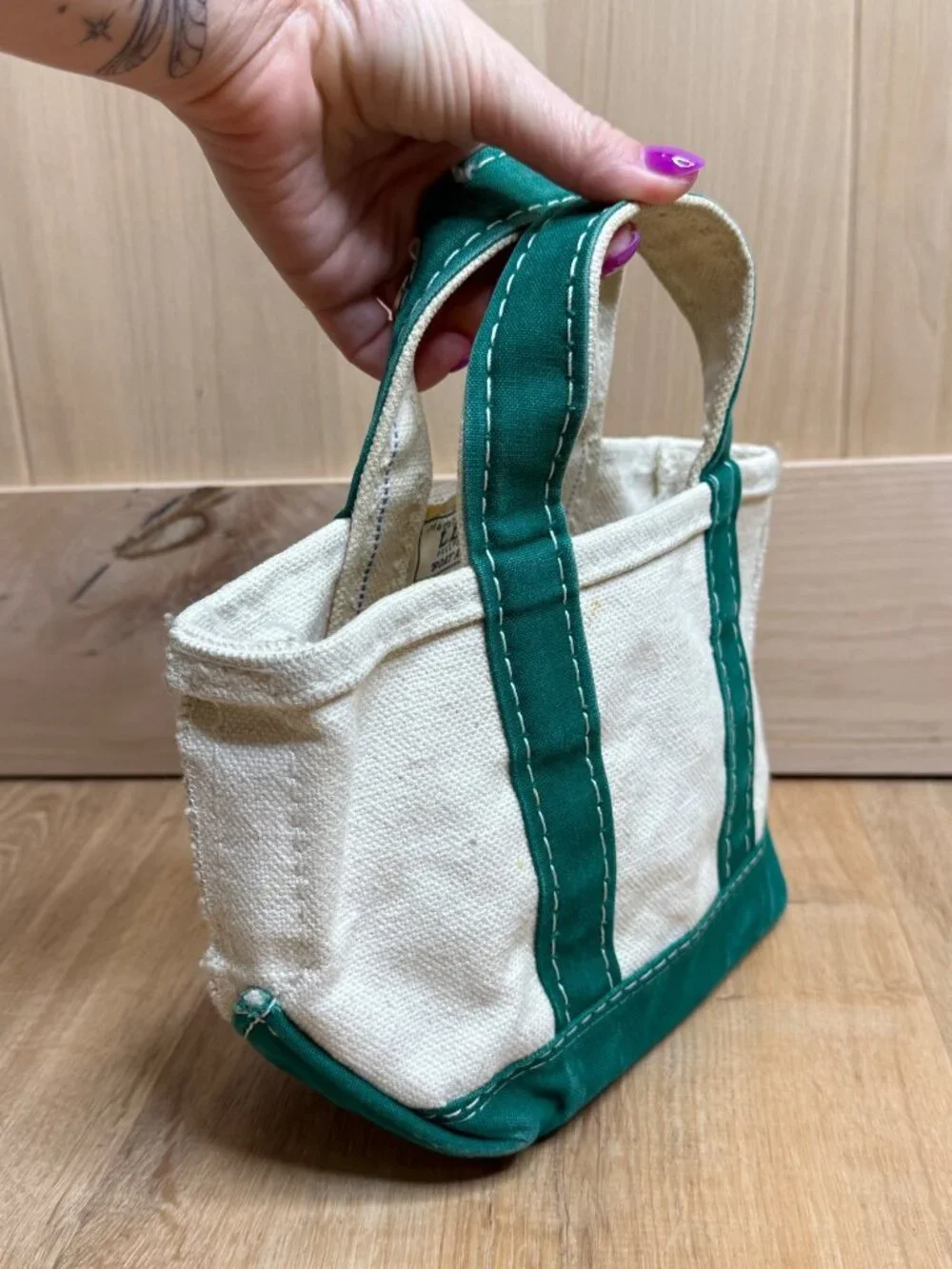 Vintage 70s 80s LL Bean Green Micro Mini Boat & Tote Canvas Bag Sawtooth Tag - Picture 3 of 12